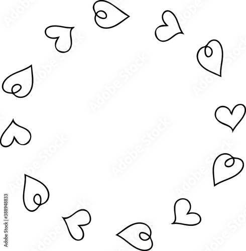 Round frame with hearts in monochrome colors. Vector doodle illustrations for cards and designs for Valentine's Day, wedding, as well as logos and posters.