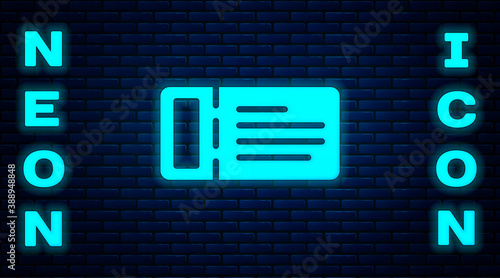 Glowing neon Cruise ticket for traveling by ship icon isolated on brick wall background. Travel by Cruise liner. Cruises to Paradise. Vector.