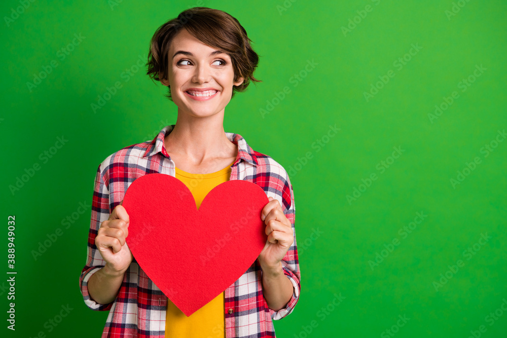 Photo of adorable lady look empty space hands hold big heart figure plaid shirt isolated on green color background Photo of adorable lady look empty space hands hold big heart figure plaid shirt isolated on green color background