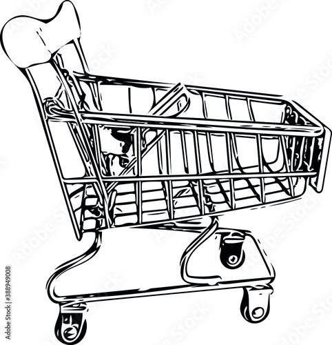 The supermarket cart is empty. Vector Doodle illustration as a template for design, business and Finance, stores, discount promotions.