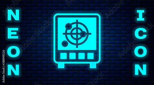Glowing neon Radar with targets on monitor in searching icon isolated on brick wall background. Search system. Navy sonar. Vector.