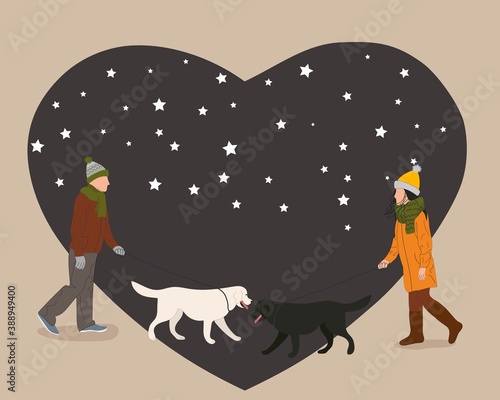 Illustration of a man and woman who fall in love at first glance. Greeting card. Peoples walk with dogs on the background of the heart.