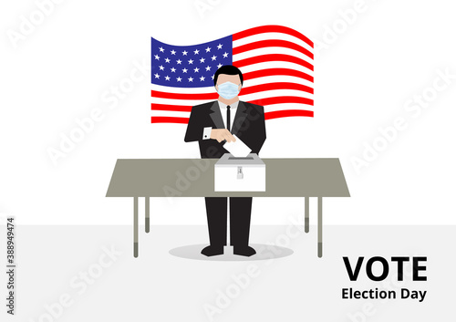 American voter with medical mask to prevent Covid-19 corona virus voting to ballot drop box for election day campaign