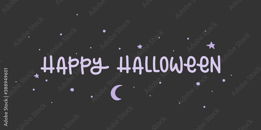 Happy Halloween lettering. Starry sky with stars and moon. Vector illustration, flat design