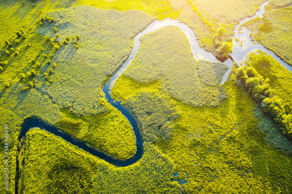 Foto Stock Aerial drone view of winding river in green field. Lush wetlands  of bird's eye view. | Adobe Stock
