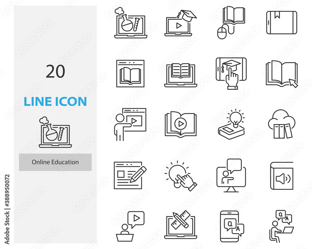 set of online education thin line icons, online study