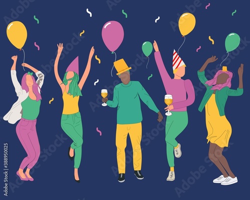New Year s poster. People celebrating party vector illustration. Cool vector flat character design for New Years or Birthday party with male and female characters having fun and having a toast. 