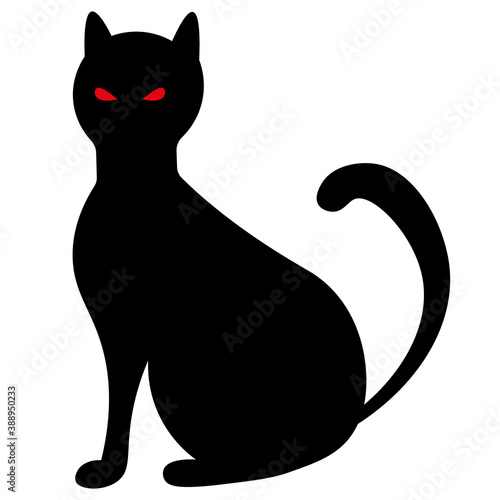 Cat. Silhouette. Witch's pet. Black color. Vector illustration. Halloween symbol. Outline on an isolated background. Flat style. The eyes glow from the darkness. Creation associated with omens.