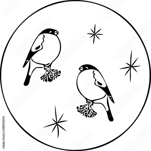 Christmas ball with the image of two bullfinches on twigs with berries and snowflakes.  Vector doodle illustration for Christmas design, greeting cards, calendars and posters.