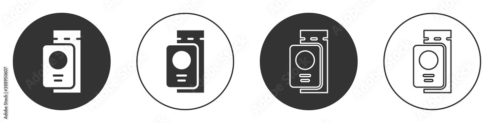 Black Passport with ticket icon isolated on white background. Identification Document. Concept travel and tourism. Circle button. Vector. Black Passport with ticket icon isolated on white background. Identification Document. Concept travel and tourism. Circle button. Vector.