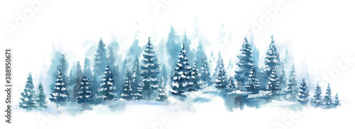 Watercolor Blue winter landscape of foggy forest hill. Wild nature, frozen, misty, taiga. Horizontal watercolor background. Evergreen coniferous trees.