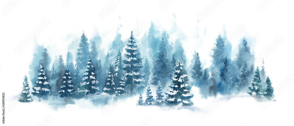 Watercolor Blue winter landscape of foggy forest hill. Wild nature, frozen, misty, taiga. Horizontal watercolor background. Evergreen coniferous trees. - obrazy, fototapety, plakaty 