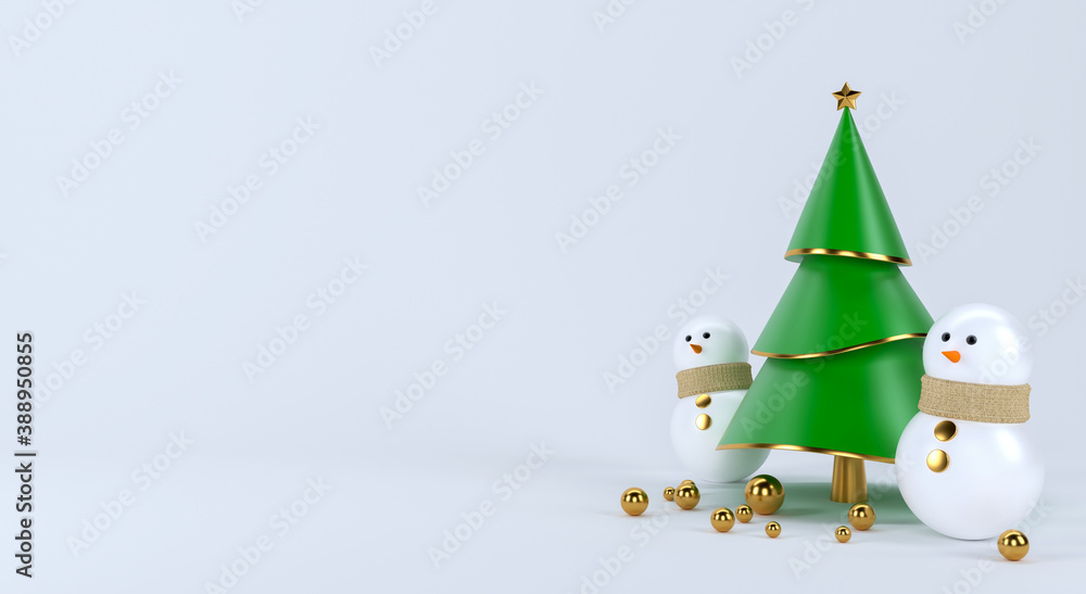 Christmas tree scene concept decoration and snowman with empty space for text. 3d rendering Christmas tree scene concept decoration and snowman with empty space for text. 3d rendering