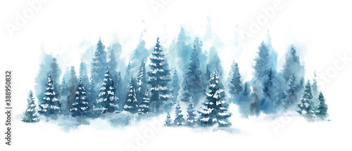 Watercolor Blue winter landscape of foggy forest hill. Wild nature, frozen, misty, taiga. Horizontal watercolor background. Evergreen coniferous trees.