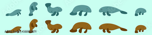 set of manatee cartoon icon design template with various models. vector illustration isolated on blue background