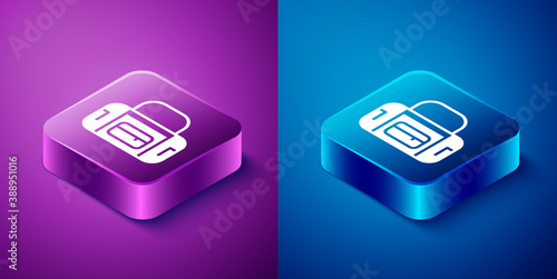 Isometric Sport bag icon isolated on blue and purple background. Square button. Vector.
