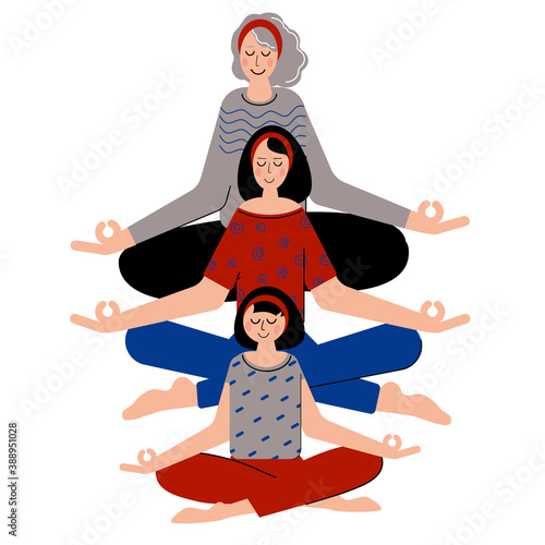 Daughter, mum and grandmother meditate together. Keep calm and meditate.