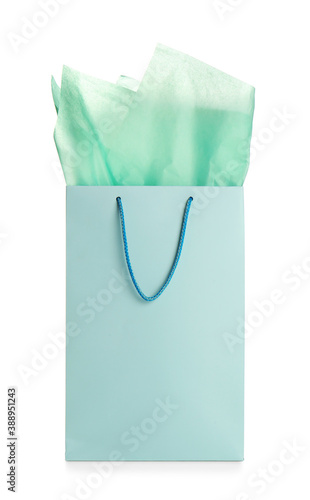 Gift bag with paper on white background