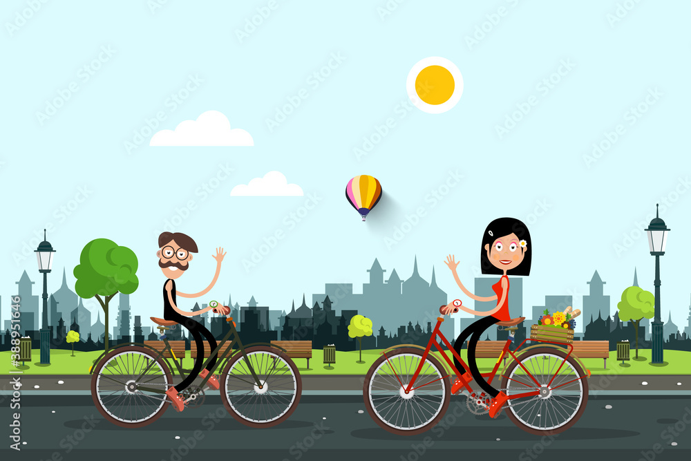 Man and Woman Riding Bikes in City Park - Vector