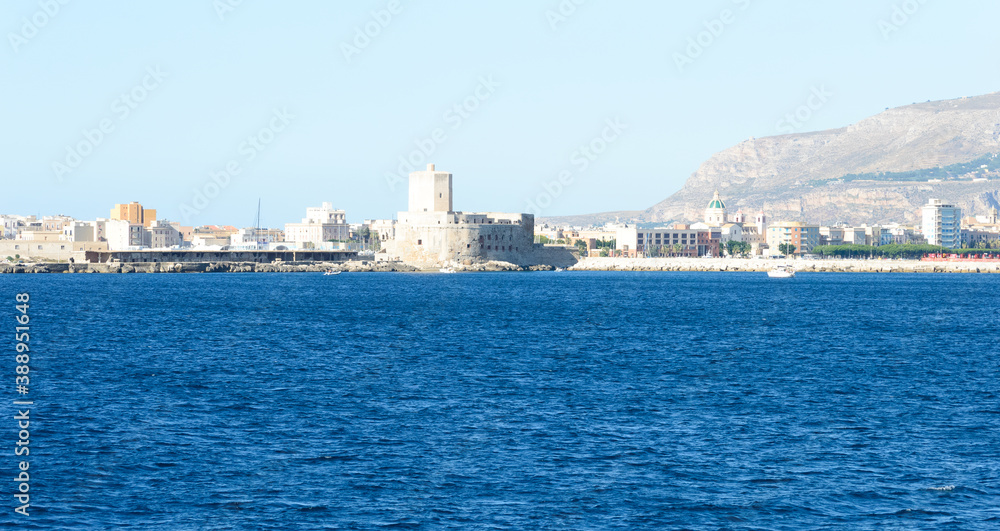 Skyline of the city of Trapani in Sicily, Italy seen from the ocean while traveling on a ferry boat