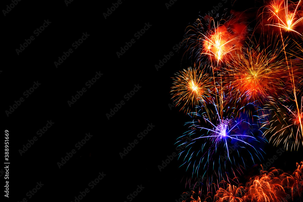 double exposure of fireworks and celebrating on dark background with copy space