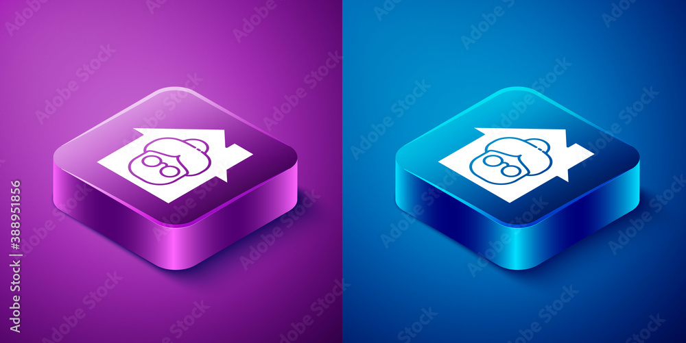 Isometric Nursing home building icon isolated on blue and purple background. Health care for old and sick people. Center for retired people. Square button. Vector. Isometric Nursing home building icon isolated on blue and purple background. Health care for old and sick people. Center for retired people. Square button. Vector.