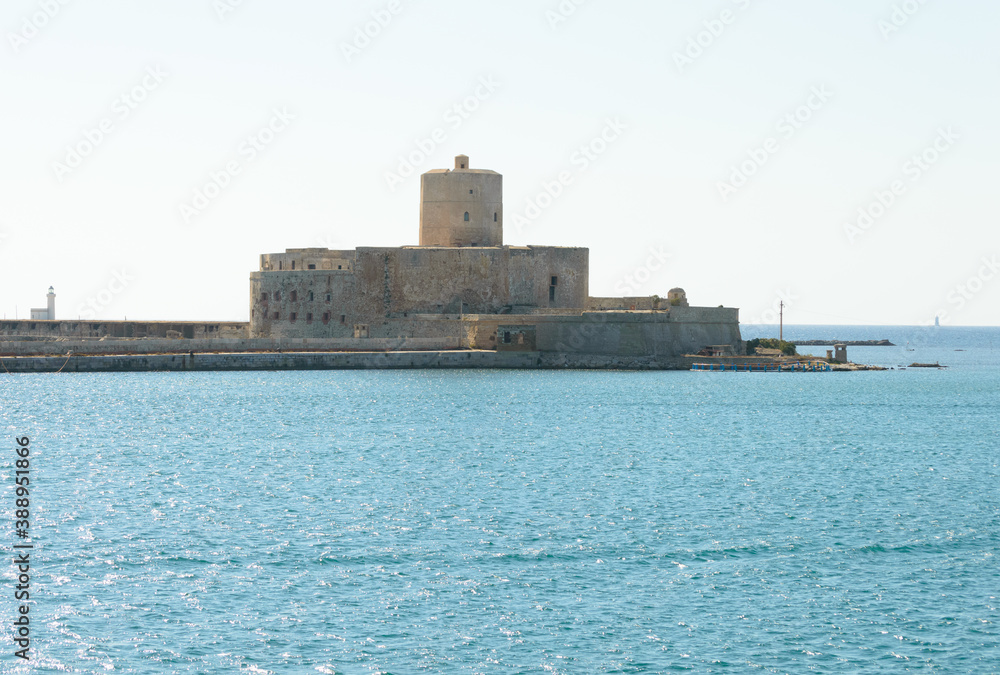 Port of Trapani Sicily, Italy seen from a ferry boat leaving the city for a sea trip