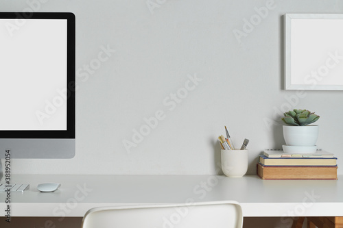 White modern office room with computer, office supplies and copy space © bongkarn