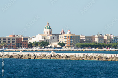 Skyline of the city of Trapani in Sicily, Italy seen from the ocean while traveling on a ferry boat