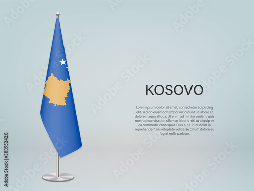 Kosovo hanging flag on stand. Template forconference banner