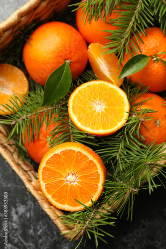 Basket with mandarins and pine branches on gray smoky background