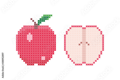 Apple fruit icon with cross stitch pattern style