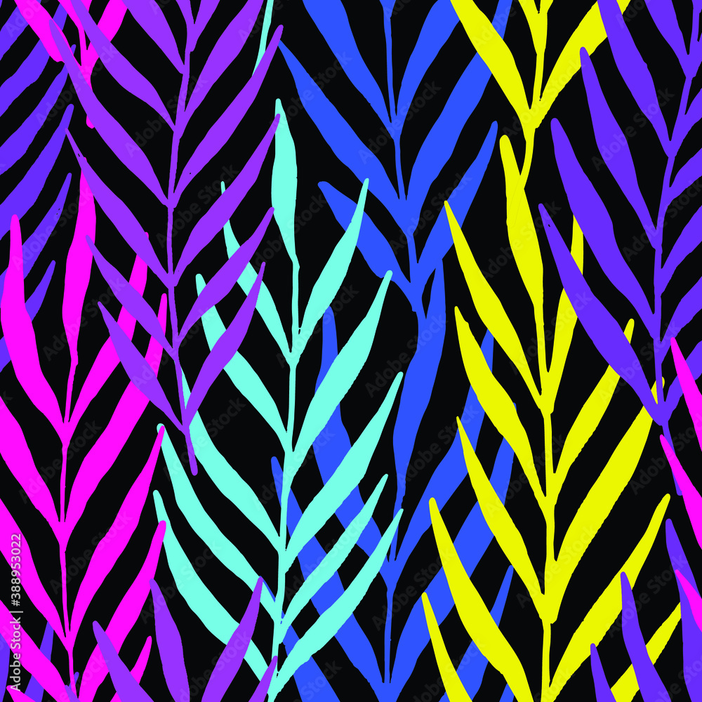 Fototapeta premium Neon leaves seamless pattern. Vector pattern illustration for surface design, print, poster, icon, web, graphic designs.