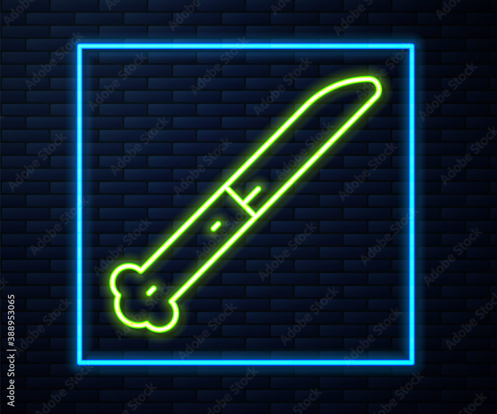 Glowing neon line Knife icon isolated on brick wall background. Cutlery symbol. Vector. Glowing neon line Knife icon isolated on brick wall background. Cutlery symbol. Vector.