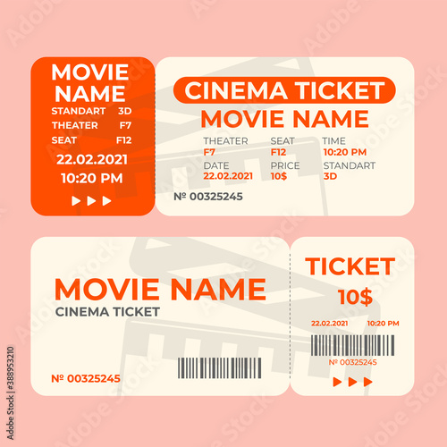 Cinema Ticket vector illustration in the flat style, Ticket stub isolated on a background, Movie event tickets