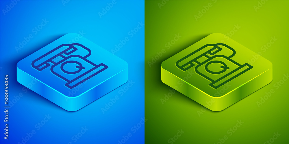 Isometric line Telephone handset icon isolated on blue and green background. Phone sign. Square button. Vector. Isometric line Telephone handset icon isolated on blue and green background. Phone sign. Square button. Vector.