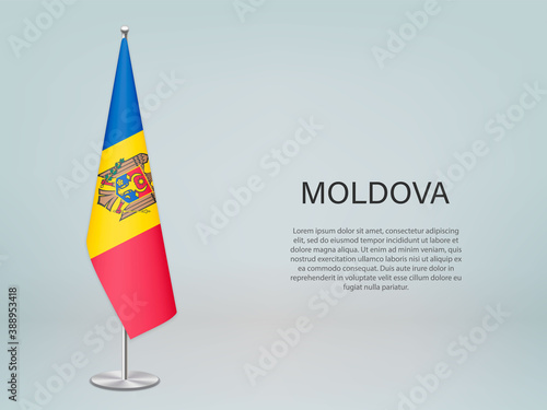 Moldova hanging flag on stand. Template forconference banner