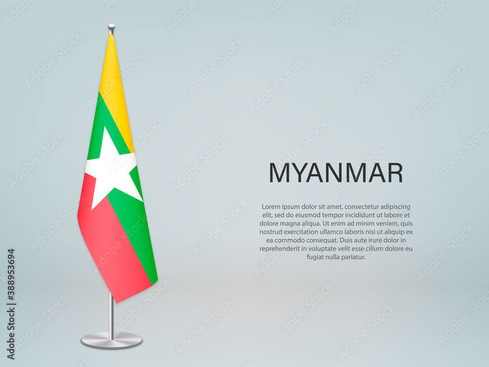 Myanmar hanging flag on stand. Template forconference banner Myanmar hanging flag on stand. Template forconference banner