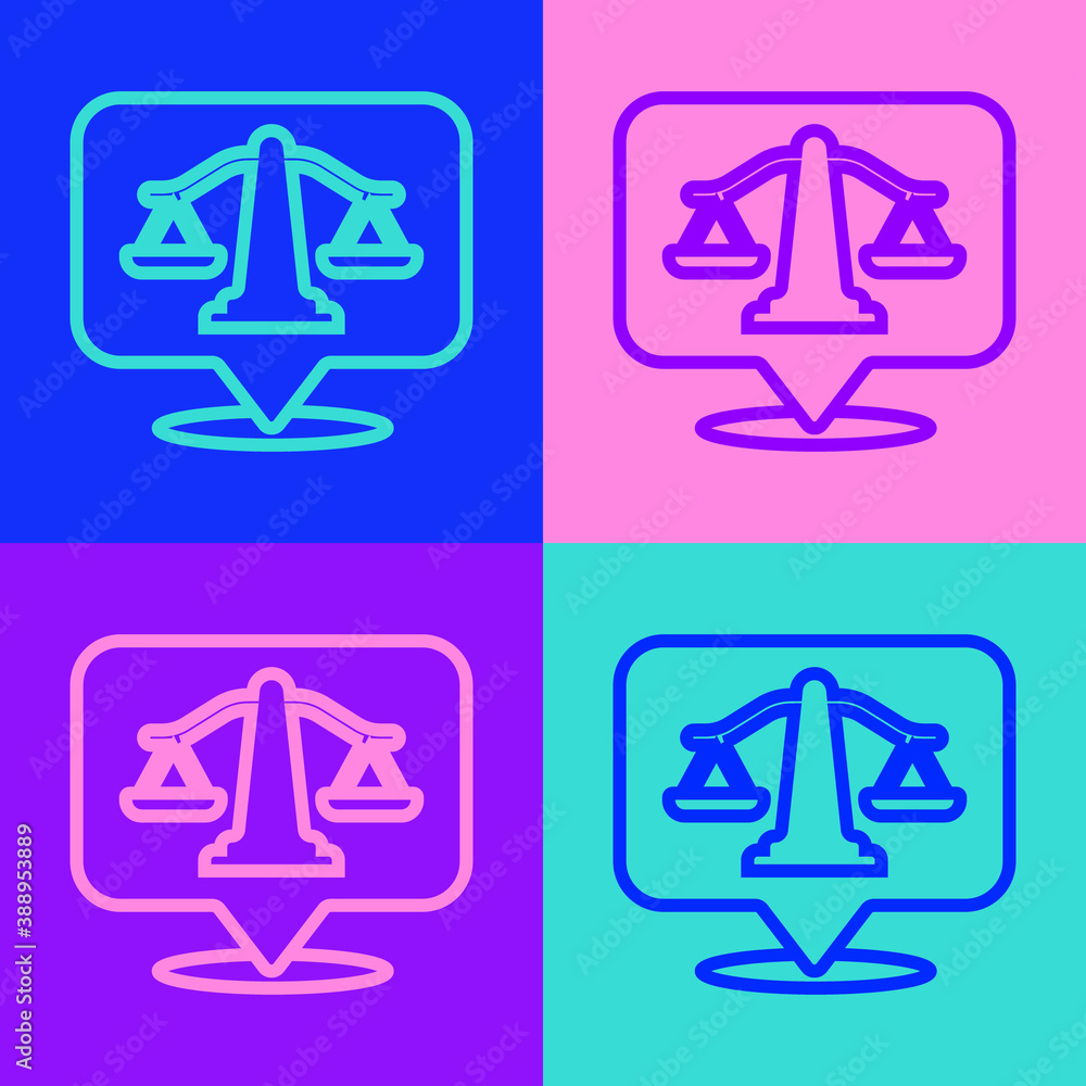 Pop art line Scales of justice icon isolated on color background. Court of law symbol. Balance scale sign. Vector.