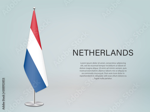 Netherlands hanging flag on stand. Template forconference banner
