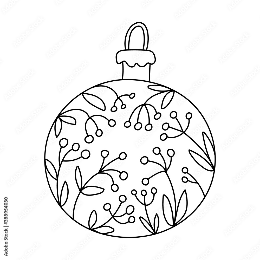 Fototapeta premium Hand drawn christmas bauble isolated on white. Vector illustration of a xmas ball in doodle sketch style, black outline. Great for New Year and Christmas greeting cards.