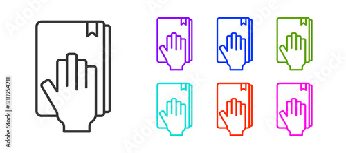 Black line Oath on the Holy Bible icon isolated on white background. The procedure in court. Truth and truth. Promise before god. Set icons colorful. Vector.