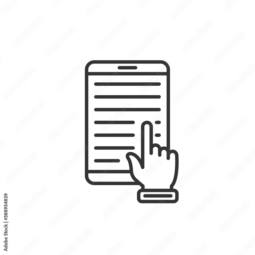 Hand touching tablet icon. Vector black icon. Hand touching tablet icon. Vector black icon.