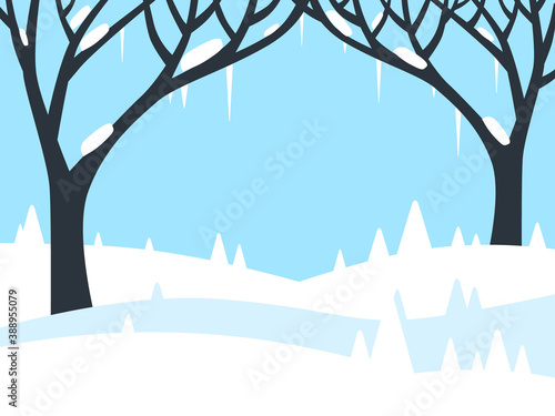 Winter Landscape with Trees and Fields Covered with Snow - Vector Flat Design Background