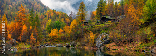 Fototapeta Naklejka Na Ścianę i Meble -  Stunning autumn alpine landscape with colorful redwood forest and beautiful yellow larches.