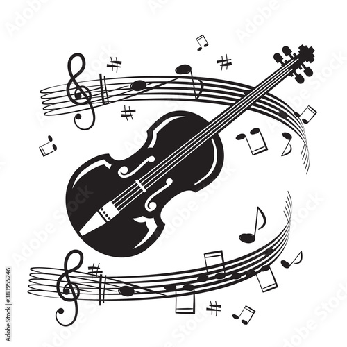 Violin Musical Instrument with Notes on Staff on White Background - Vector