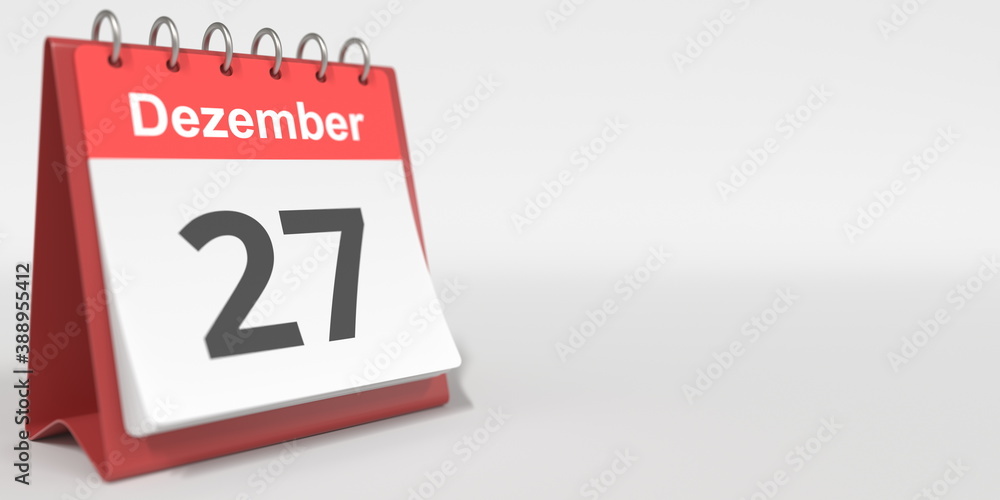 December 27 date written in German on the flip calendar page. 3d rendering December 27 date written in German on the flip calendar page. 3d rendering