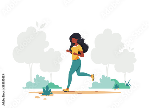 Black woman jogging in the park. Healthy lifestyle, sport, outdoor activity concept. Vector illustration.