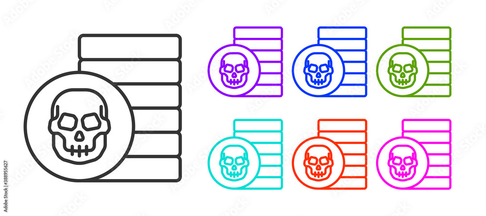 Black line Pirate coin icon isolated on white background. Set icons colorful. Vector. Black line Pirate coin icon isolated on white background. Set icons colorful. Vector.