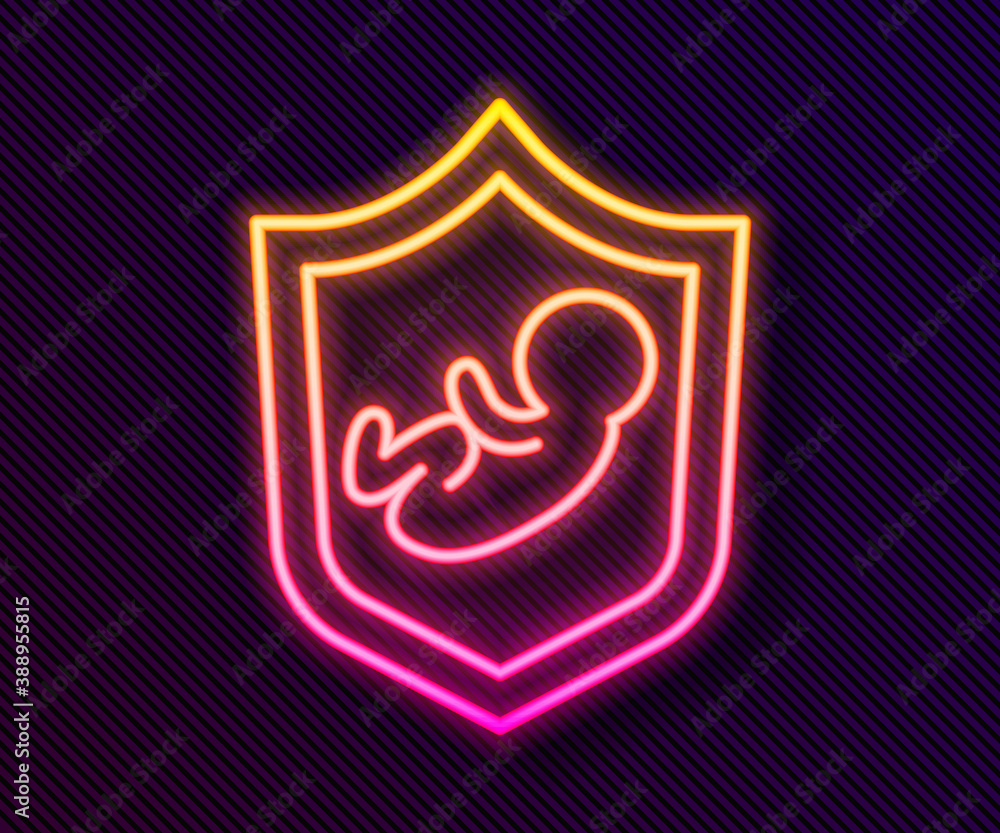 Glowing neon line Baby on shield icon isolated on black background. Child safety sign. Vector. Glowing neon line Baby on shield icon isolated on black background. Child safety sign. Vector.
